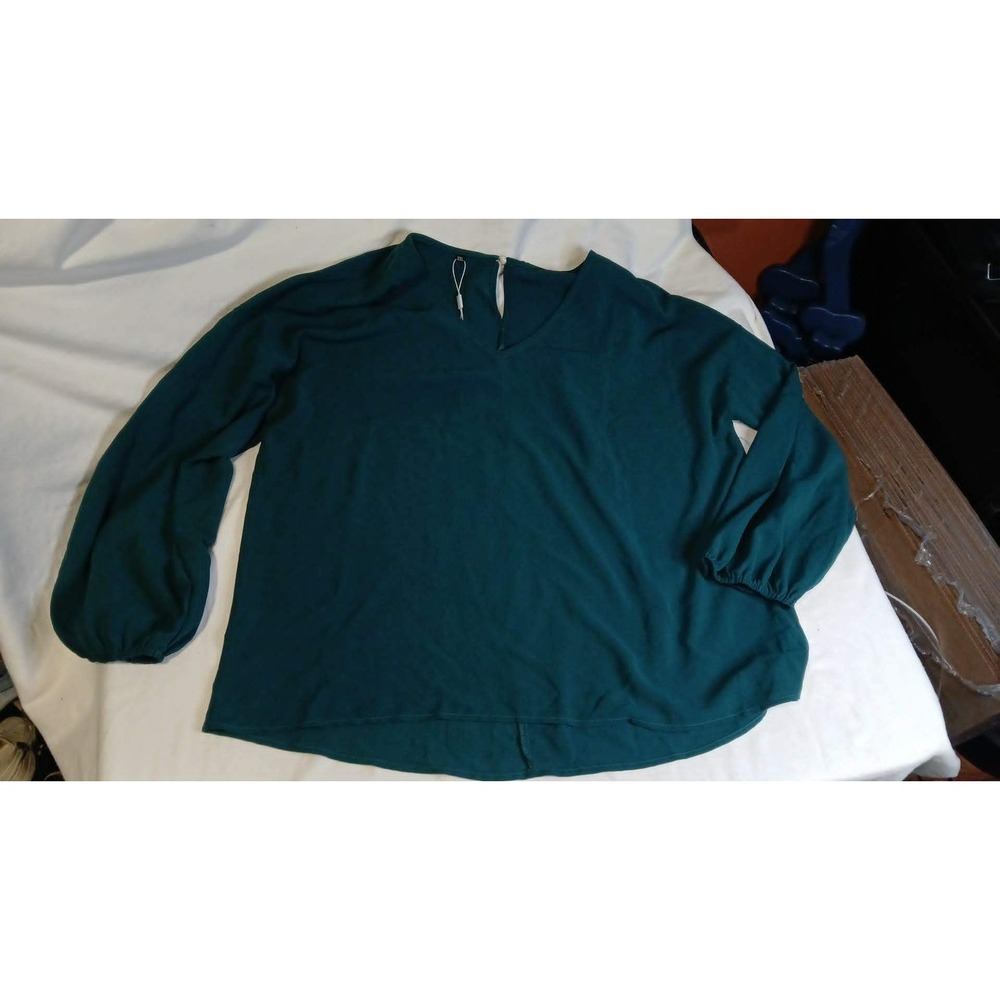 LAISHEN Womens 2XL Blouse Dark Green V-Neck Long Sleeve Lightweight Top NEW